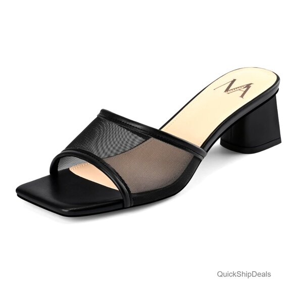 Square Open Toe Mules with Chunky Block Heel Slip On Sandals